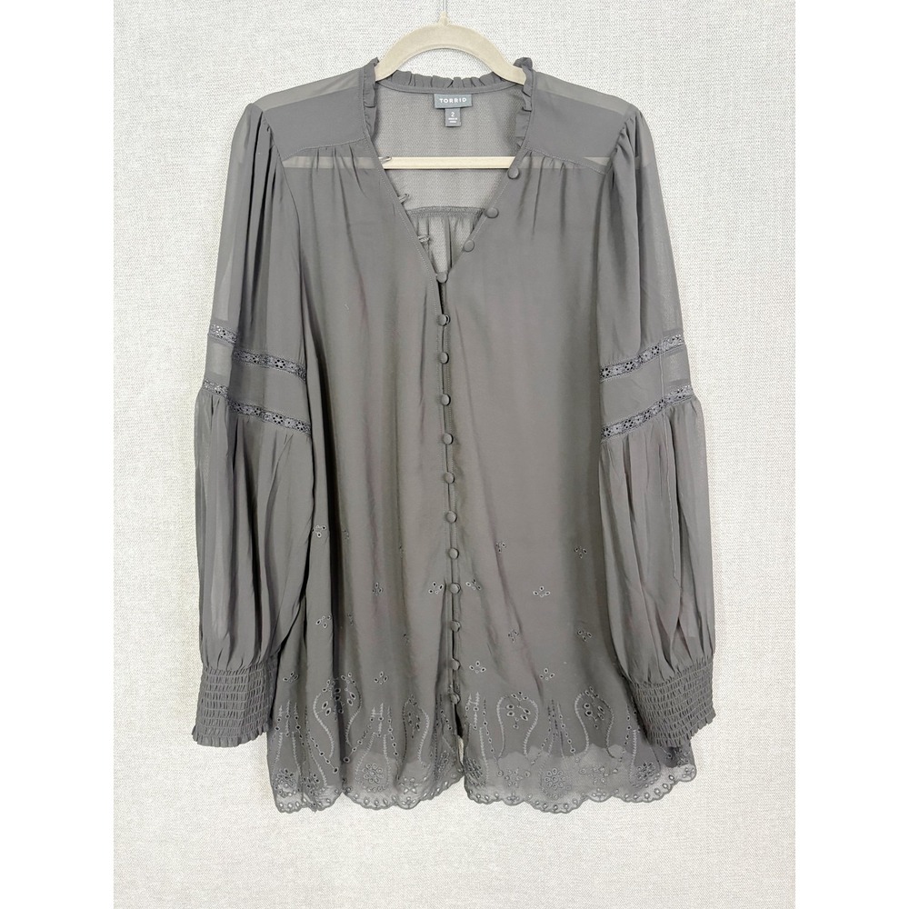 Torrid Top Womens 2X 2 Black Embroidered Sheer Button Up Fairy Whimsigoth Goth